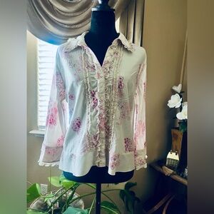 New York & Company Pink Floral Ruffle Blouse